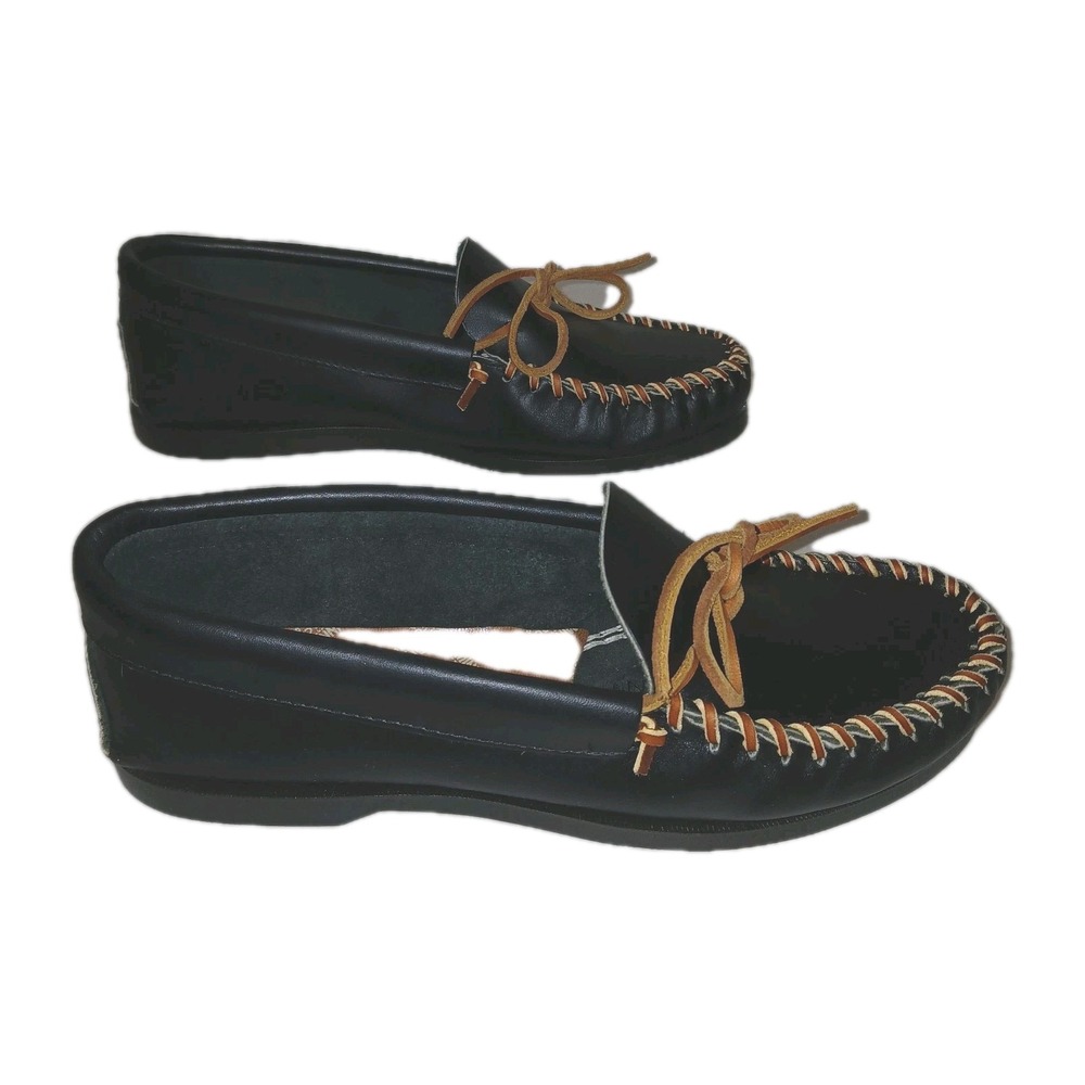 Minnetonka Unisex Camp Moccasins W 9.5 M 8 Black Leather Western Loafer Country - Picture 2 of 16